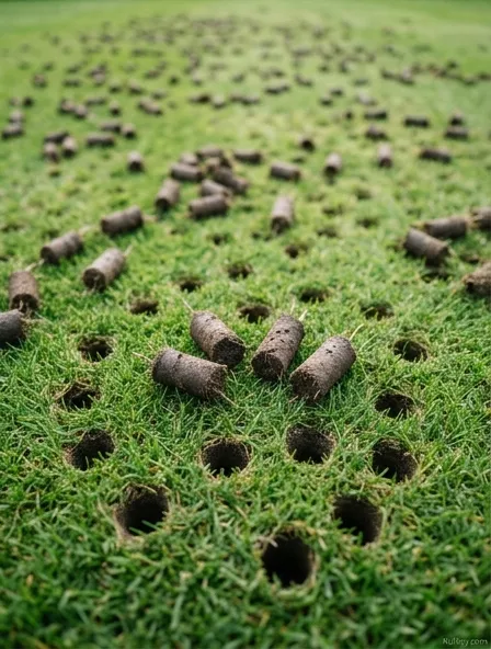Close-up of small soil plugs on a lawn surface after core aeration showing holes in the turf Close-up of small soil plugs on a lawn surface after core aeration showing holes in the turf