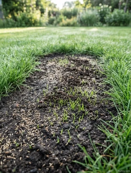 Grass seed scattered over a bare patch in a lawn with new green seedlings beginning to emerge Grass seed scattered over a bare patch in a lawn with new green seedlings beginning to emerge