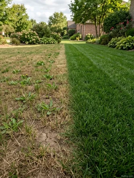 Scalped lawn section showing exposed brown stems and thin grass next to a healthy taller section for contrast Scalped lawn section showing exposed brown stems and thin grass next to a healthy taller section for contrast