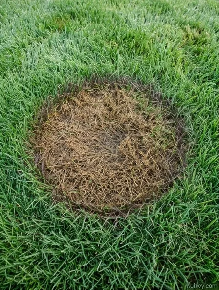 Circular brown patch on an otherwise green lawn showing signs of fungal disease Circular brown patch on an otherwise green lawn showing signs of fungal disease