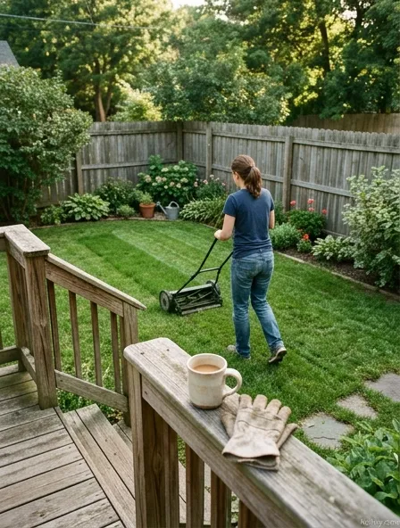 Person mowing a small suburban backyard lawn on a Saturday morning with coffee mug sitting on the porch railing Person mowing a small suburban backyard lawn on a Saturday morning with coffee mug sitting on the porch railing