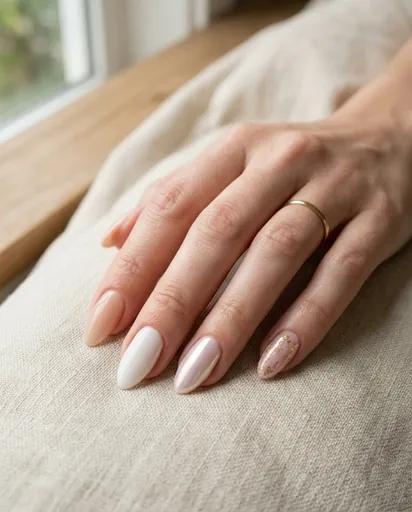 Five almond-shaped nails displayed on one hand, progressing from a sheer nude on the thumb to a crystal-encrusted accent on the pinky, showing the range from everyday minimal to full glam Five almond-shaped nails displayed on one hand, progressing from a sheer nude on the thumb to a crystal-encrusted accent on the pinky, showing the range from everyday minimal to full glam