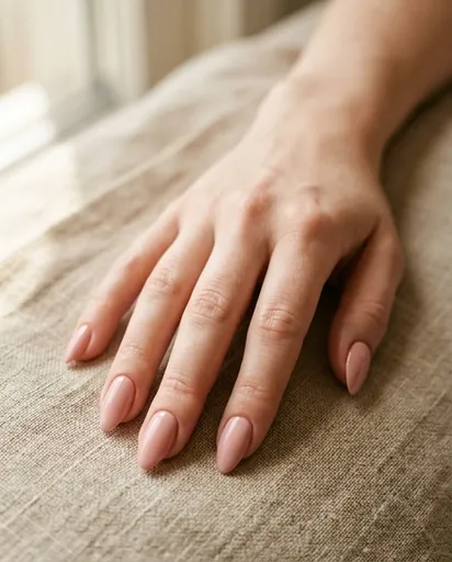 One hand with almond-shaped nails in an opaque blush pink shade, fingers relaxed against a natural linen background in warm daylight One hand with almond-shaped nails in an opaque blush pink shade, fingers relaxed against a natural linen background in warm daylight
