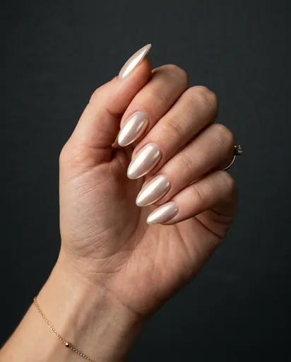 One hand tilted to catch light, showing almond nails with a pearlescent glazed-donut chrome finish that shifts between pearl and mirror, dark background One hand tilted to catch light, showing almond nails with a pearlescent glazed-donut chrome finish that shifts between pearl and mirror, dark background