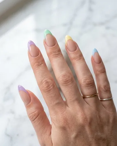 One hand with almond nails showing pastel French color-block tips — each finger a different soft pastel shade (lavender, mint, butter yellow, baby blue) over a nude base One hand with almond nails showing pastel French color-block tips — each finger a different soft pastel shade (lavender, mint, butter yellow, baby blue) over a nude base