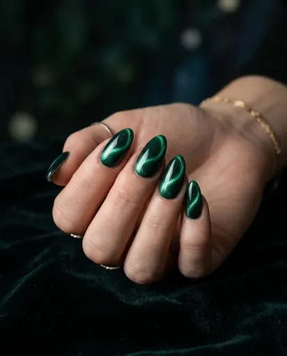 One hand with almond nails in deep emerald magnetic gel polish showing a luminous swirl line of light curving along the center of each nail, moody dramatic lighting One hand with almond nails in deep emerald magnetic gel polish showing a luminous swirl line of light curving along the center of each nail, moody dramatic lighting