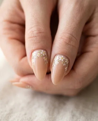 Close-up of two almond-shaped nails with delicate hand-painted micro flowers in white and soft green on a nude base, botanical garden-party style Close-up of two almond-shaped nails with delicate hand-painted micro flowers in white and soft green on a nude base, botanical garden-party style