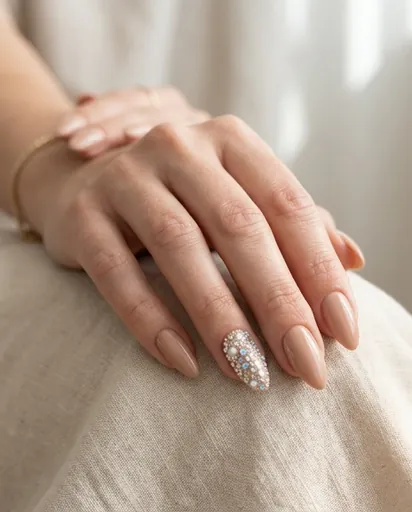 Close-up of a ring finger with almond-shaped nail covered in a cluster of small rhinestones and crystals, surrounded by matching nude nails on the other fingers Close-up of a ring finger with almond-shaped nail covered in a cluster of small rhinestones and crystals, surrounded by matching nude nails on the other fingers