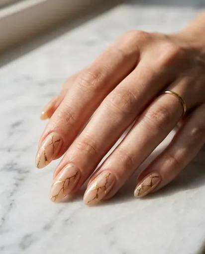 One hand with almond nails showing irregular gold foil veins on a translucent nude jelly base, resembling Calacatta marble, glossy luxurious finish One hand with almond nails showing irregular gold foil veins on a translucent nude jelly base, resembling Calacatta marble, glossy luxurious finish