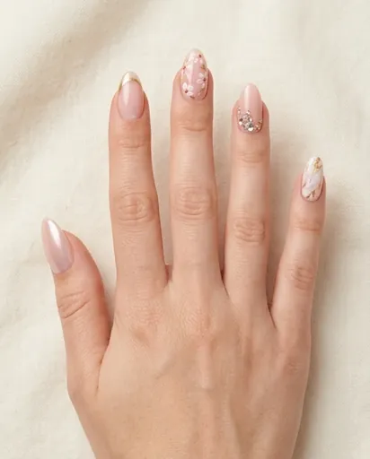 Full hand with five almond nails each wearing a different technique — chrome, micro French, floral, crystal accent, and gold foil — unified by a blush and gold color palette Full hand with five almond nails each wearing a different technique — chrome, micro French, floral, crystal accent, and gold foil — unified by a blush and gold color palette