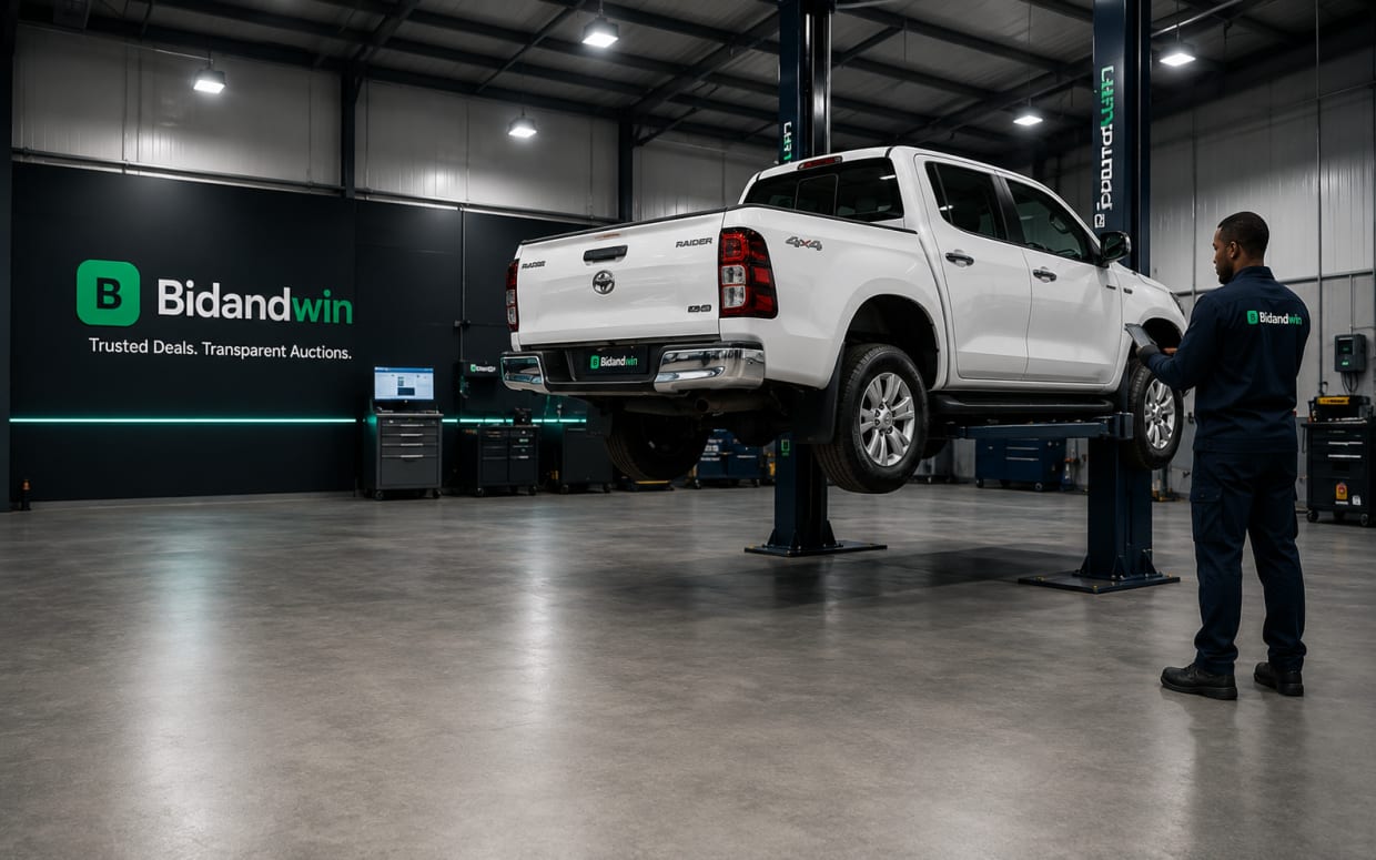 Technician inspecting a white double-cab bakkie on a lift in the Bidanwin workshop