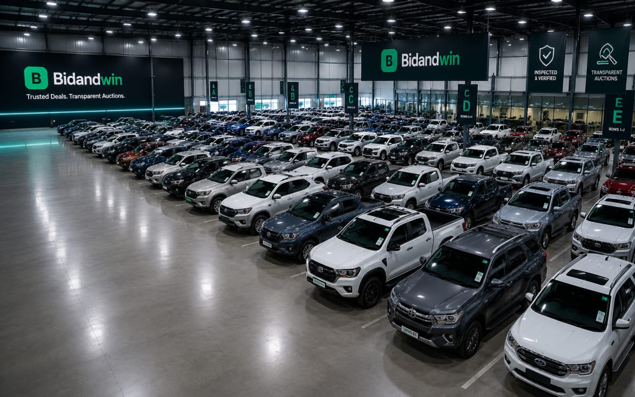Rows of bakkies and SUVs on the Bidanwin auction floor