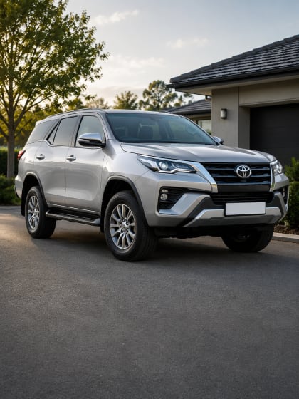 A silver Toyota Fortuner SUV on a suburban driveway