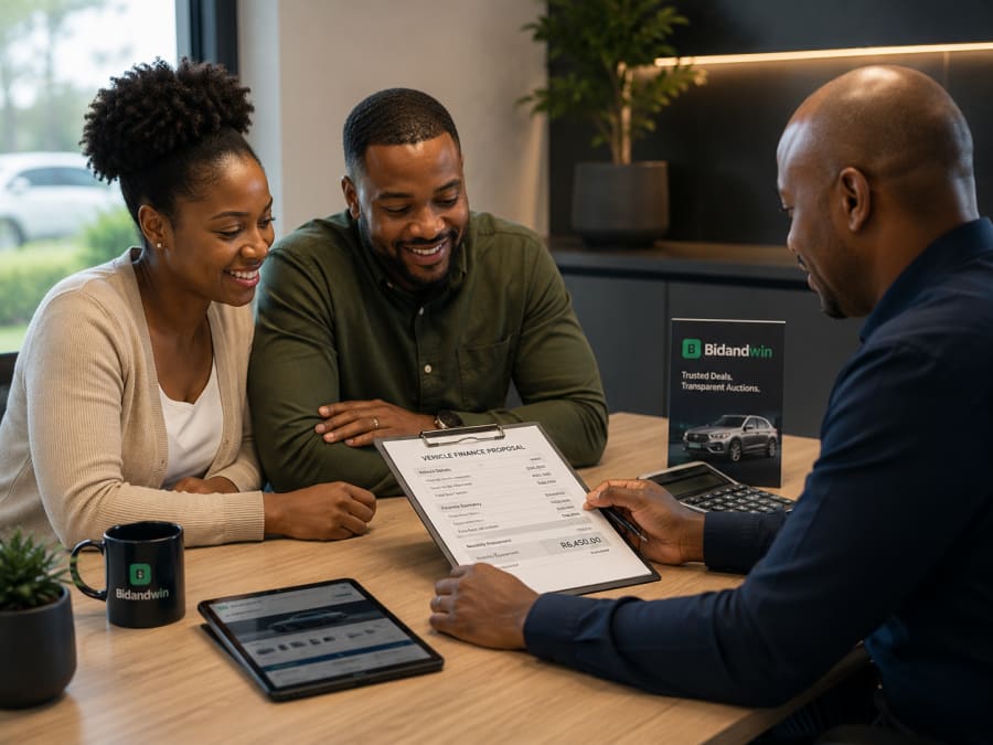 A couple reviewing vehicle finance paperwork with a Bidanwin consultant