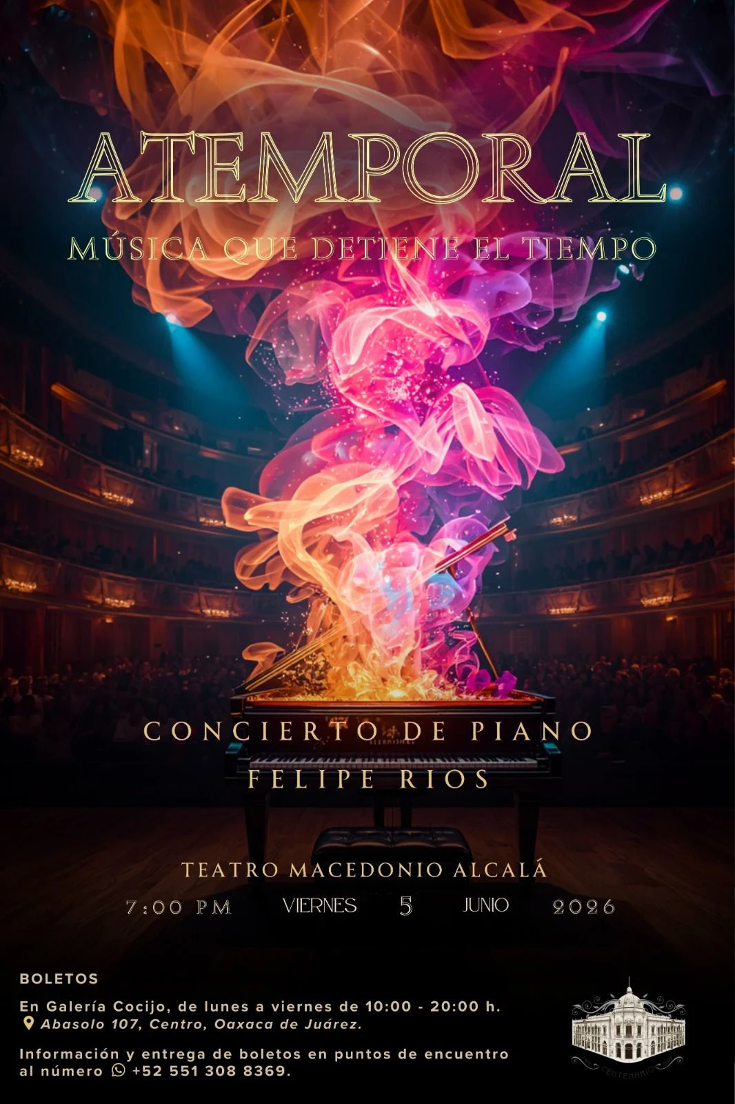 Official artwork for Atemporal concert — Felipe Ríos at Macedonio Alcalá Theater, June 5th 2026 Official artwork for Atemporal concert — Felipe Ríos at Macedonio Alcalá Theater, June 5th 2026