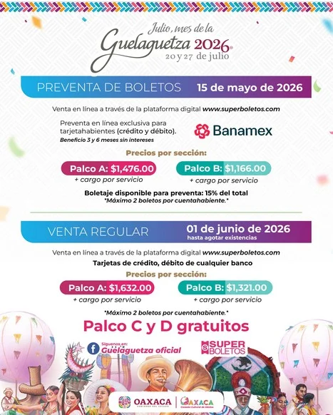 Flyer oficial de precios y preventa Guelaguetza 2026 — SECTUR Oaxaca / Gobierno del estado