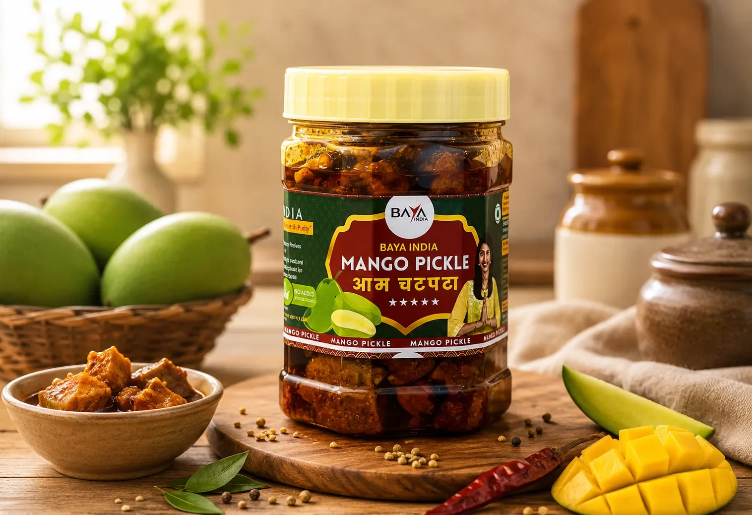 Baya India Homemade Mango Pickle | Authentic Ghar ka Bana Aam ka Achar | Traditional Indian Spicy & Tangy | Free from preservatives | Sun-Dried Chemical Free | No Vinegar | 100% Pure | 330g Plastic Ja - KaashtKart