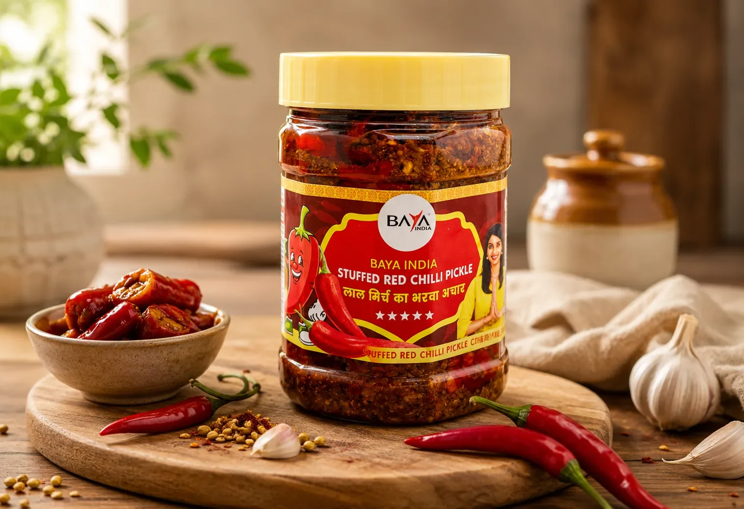 Baya India Lal Mirch Bharua Achar (Stuffed Red Chilli Pickle) | Traditional Bharua Purvanchali Style | Mustard Oil | Sun-Dried Chemical Free No Vinegar | Medium Hot | 330g Plastic Jar - KaashtKart