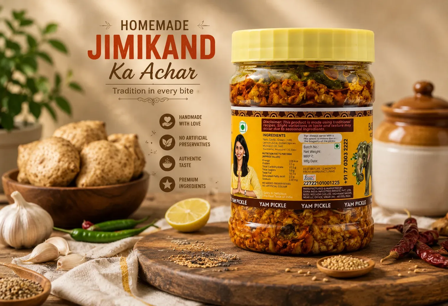 Baya India Elephant Foot Yam Pickle | Suran ka Achar | Homemade Grated Jimikand | Spicy & Tangy | No Preservatives | Handcrafted with Mustard Oil (330gg) - KaashtKart