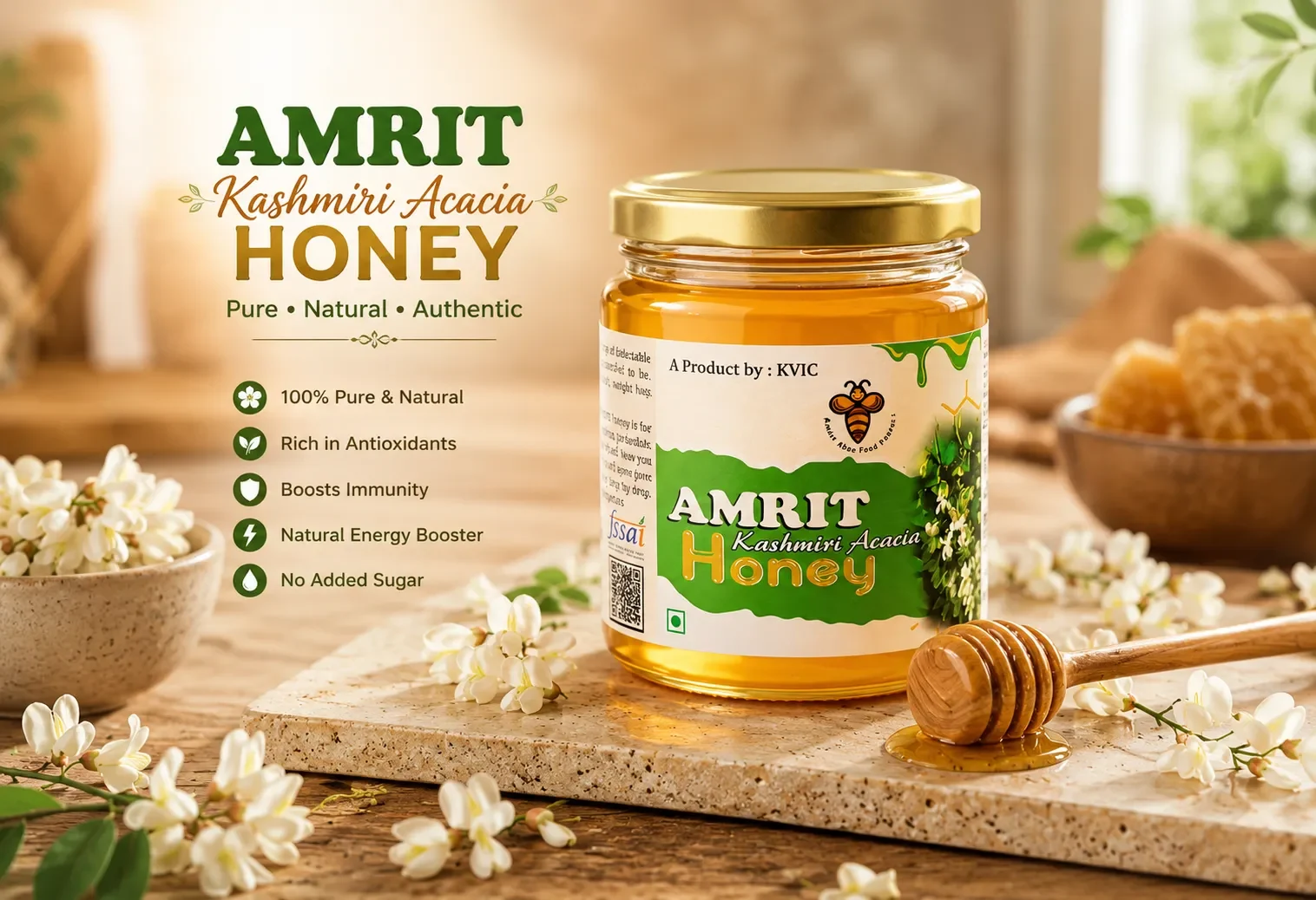 Amrit  Kashmiri Acacia Honey A Product By:KVIC - 250gm | 100% Natural Honey| Certifications : ISO, HACCP, IAF, EIAC  - KaashtKart