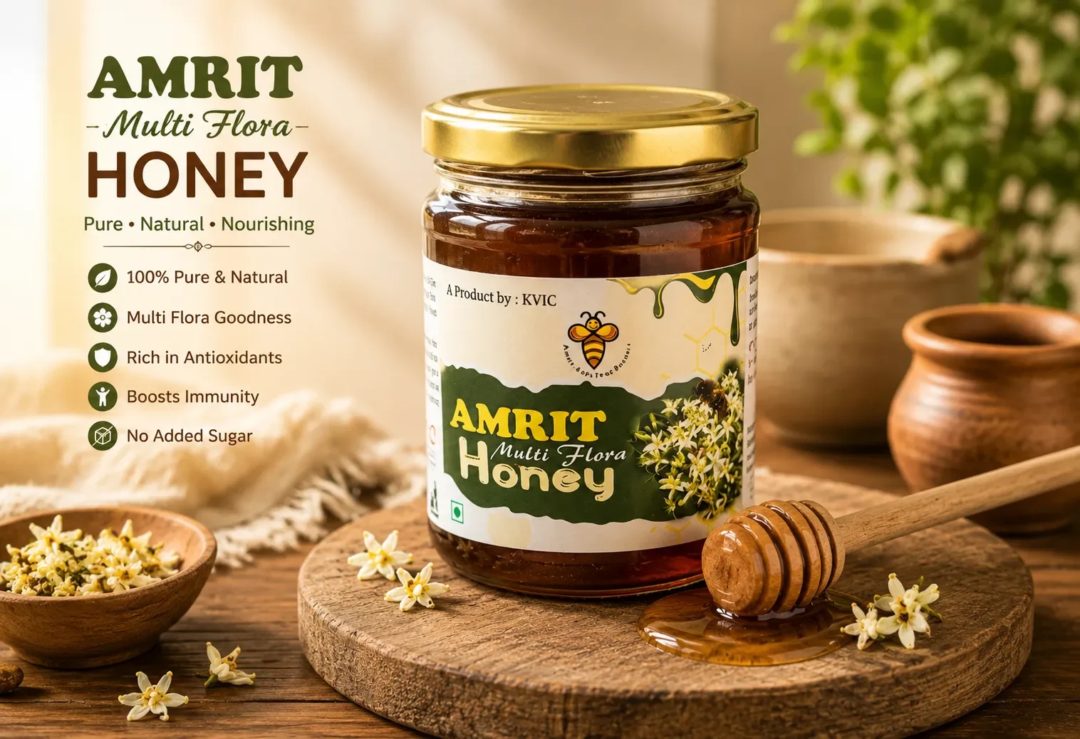 Amrit Sunflower Multi Flora Honey A Product By:KVIC - 250 gm | 100% Natural Honey| Certifications : ISO, HACCP, IAF, EIAC  - KaashtKart