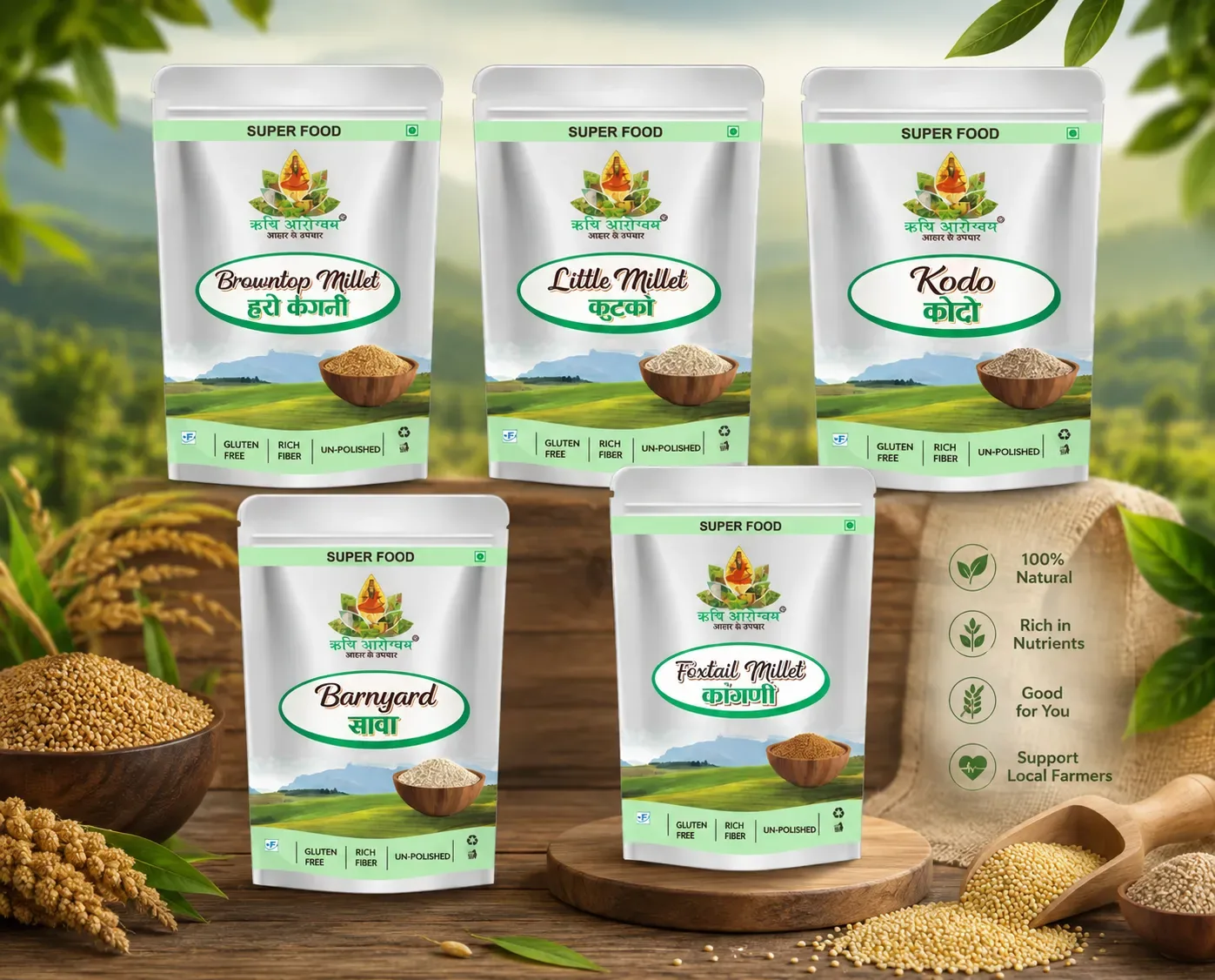 POSITIVE MILLETS | Foxtail, Little, Kodo, Barnyard, and Browntop | 100% Naturally Grown| Weight Management & Digestion | Diabetes Control|  Gluten-Free | Pack of 5 , 500 g each |