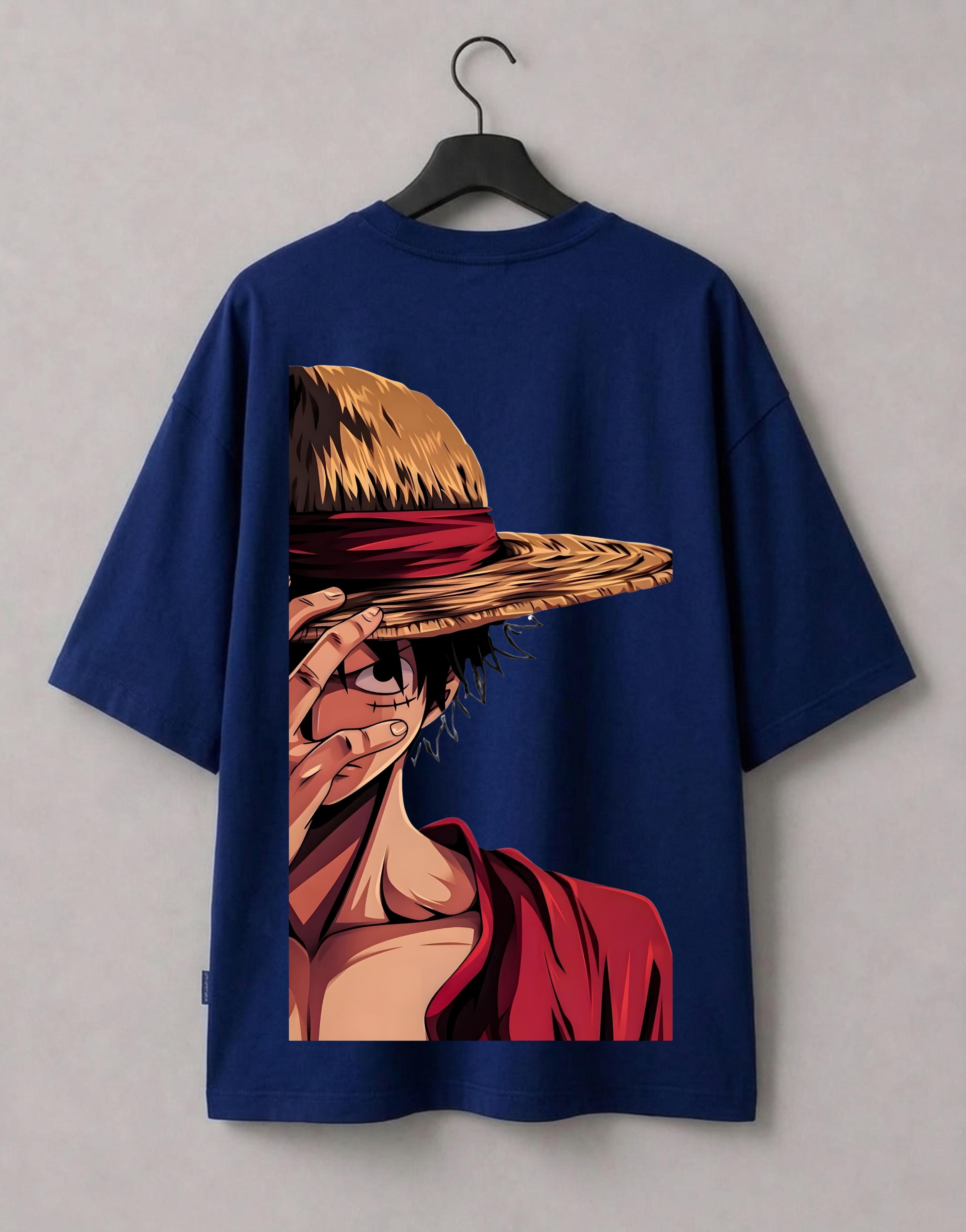 Maison Nondon Luffy Anime DTF Printed Black Dropshoulder Oversized T-Shirt front view