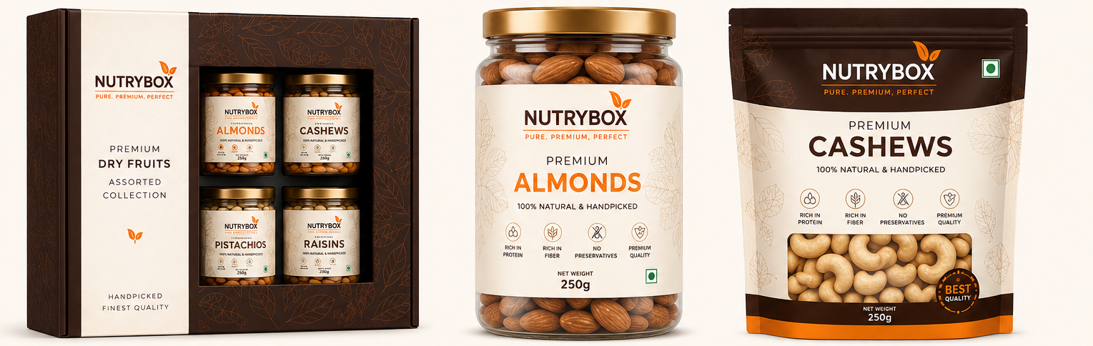 NutryBox premium dry fruits packaging: gift box with almonds, cashews, pistachios and raisins; premium almonds jar; premium cashews stand-up pouch. Pure. Premium. Perfect. 100% natural, handpicked, rich in protein and fiber, no preservatives.