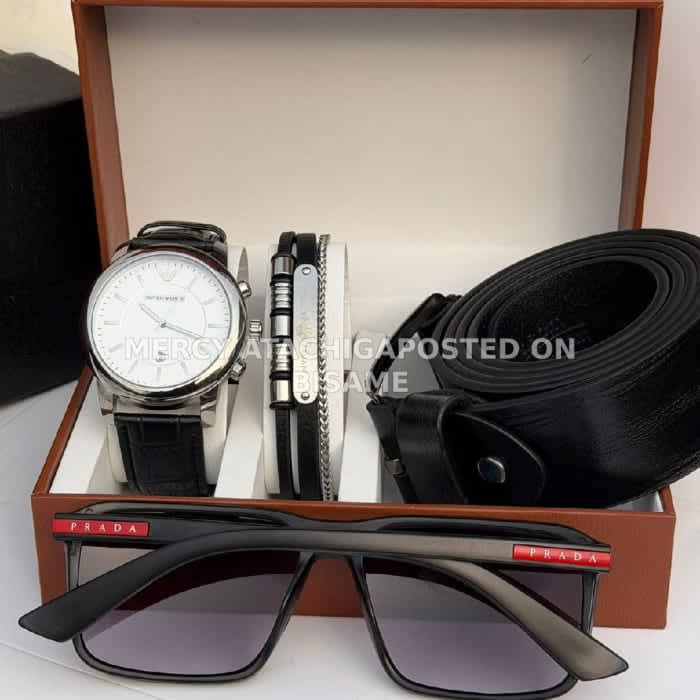 Men's Watch gift set with bracelets, a belt, Prada sunglasses, necklace 