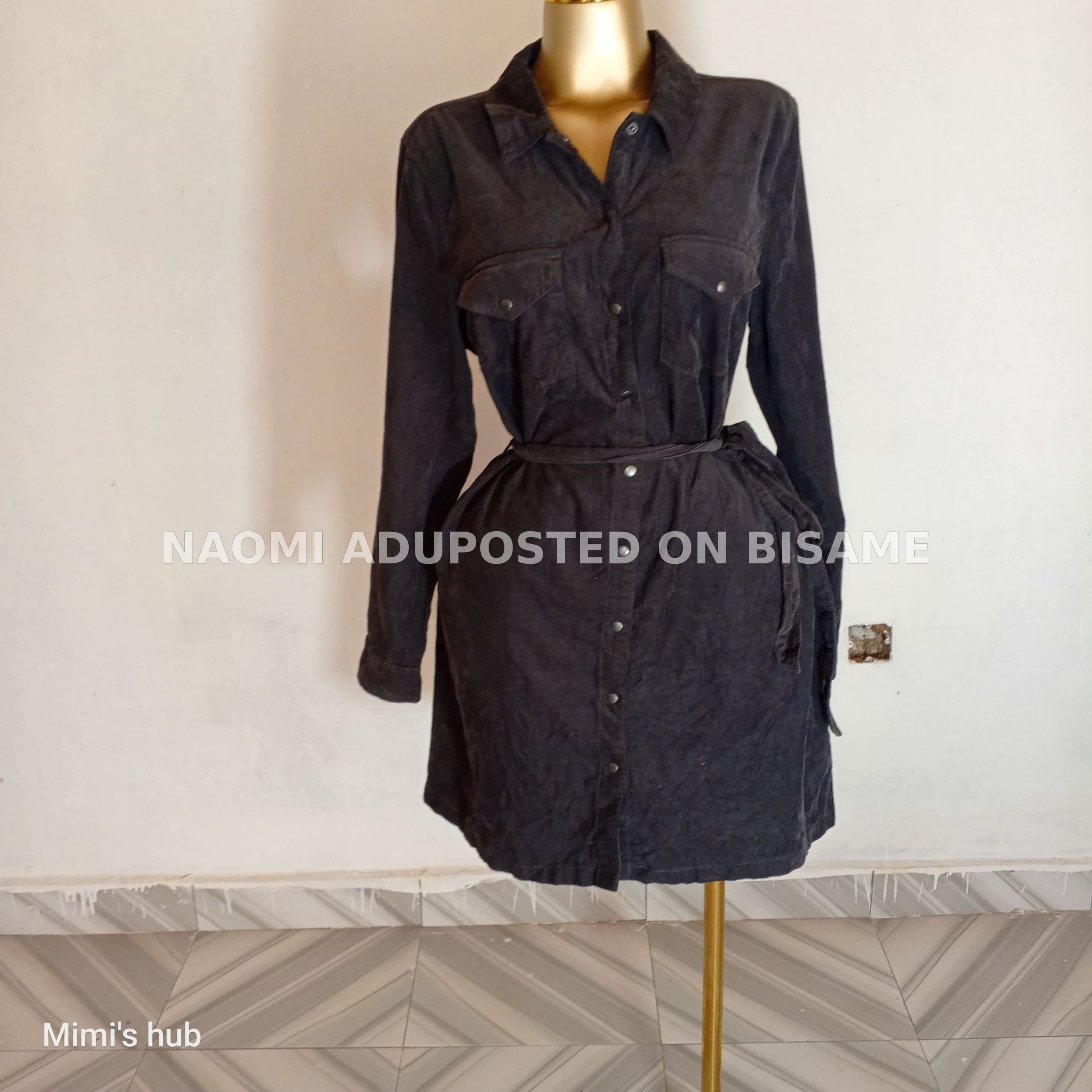 Classic Black Corduroy Long-Sleeve Button-Down Shirt Dress
