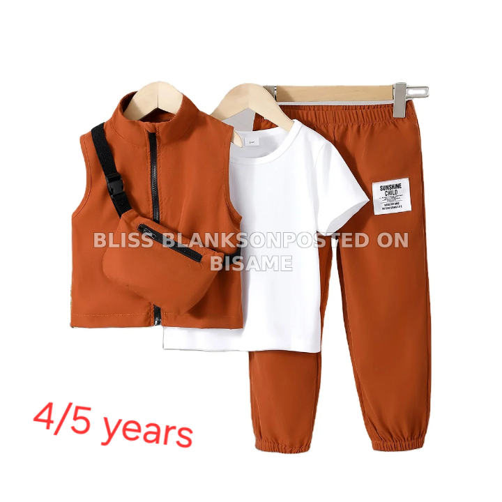 Four-Piece Clothing Set- Sleeveless Vest, Short-sleeve T-shirt, Cargo Pants, and a Crossbody Bag