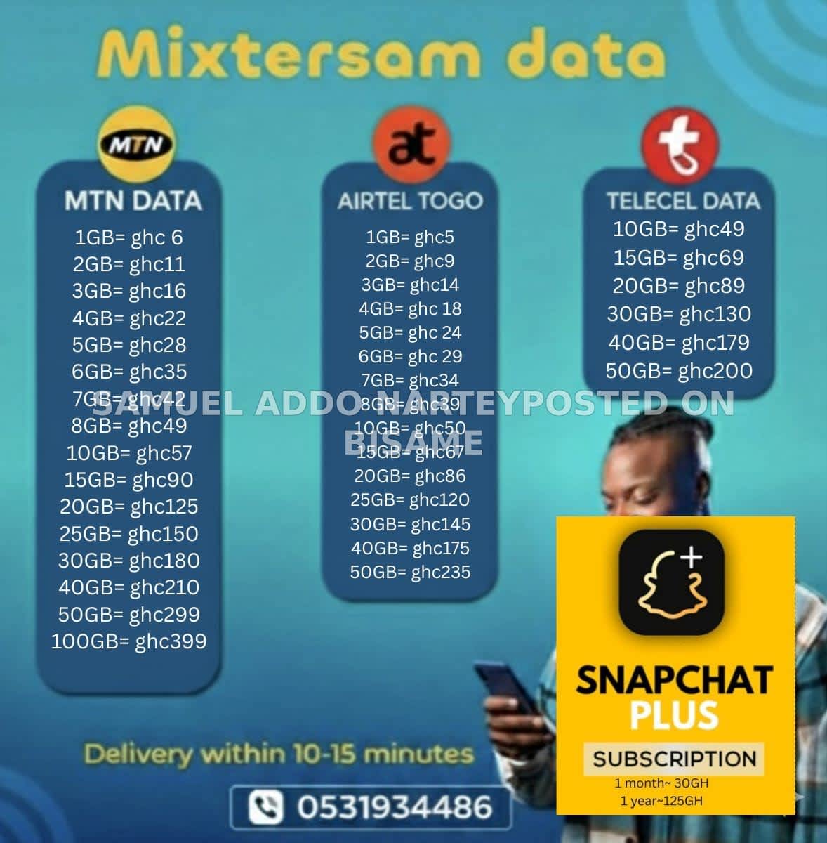 Mixtersam's Affordable data bundle plug and Snapchat plus subscription.