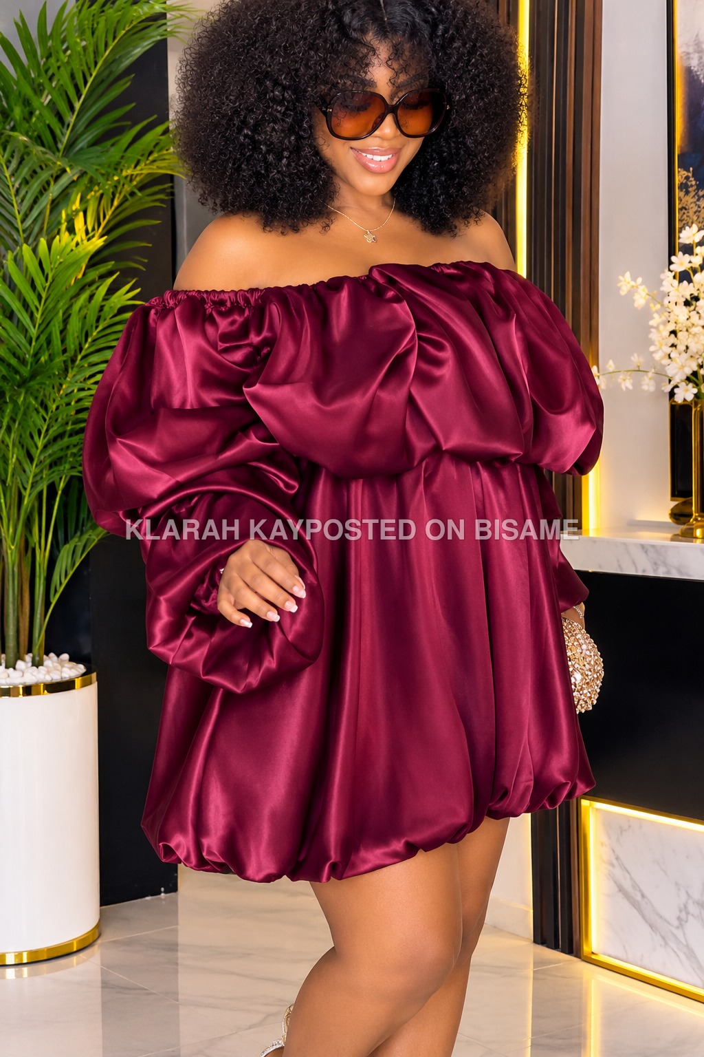 elegant burgundy satin off-the-shoulder bubble mini dress