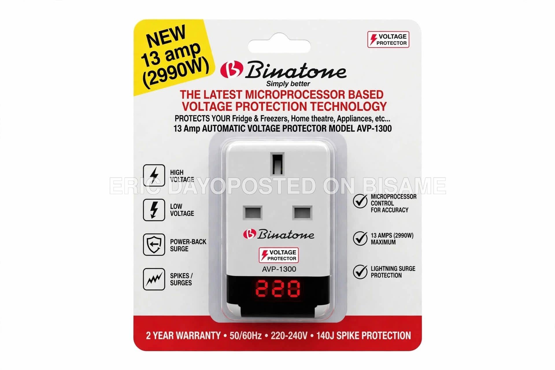 Binatone AVP-1300 13A 2990W Automatic Voltage Protector with Digital Display - Fridge Guard for Fridge, Freezer, TV, Home Theatre