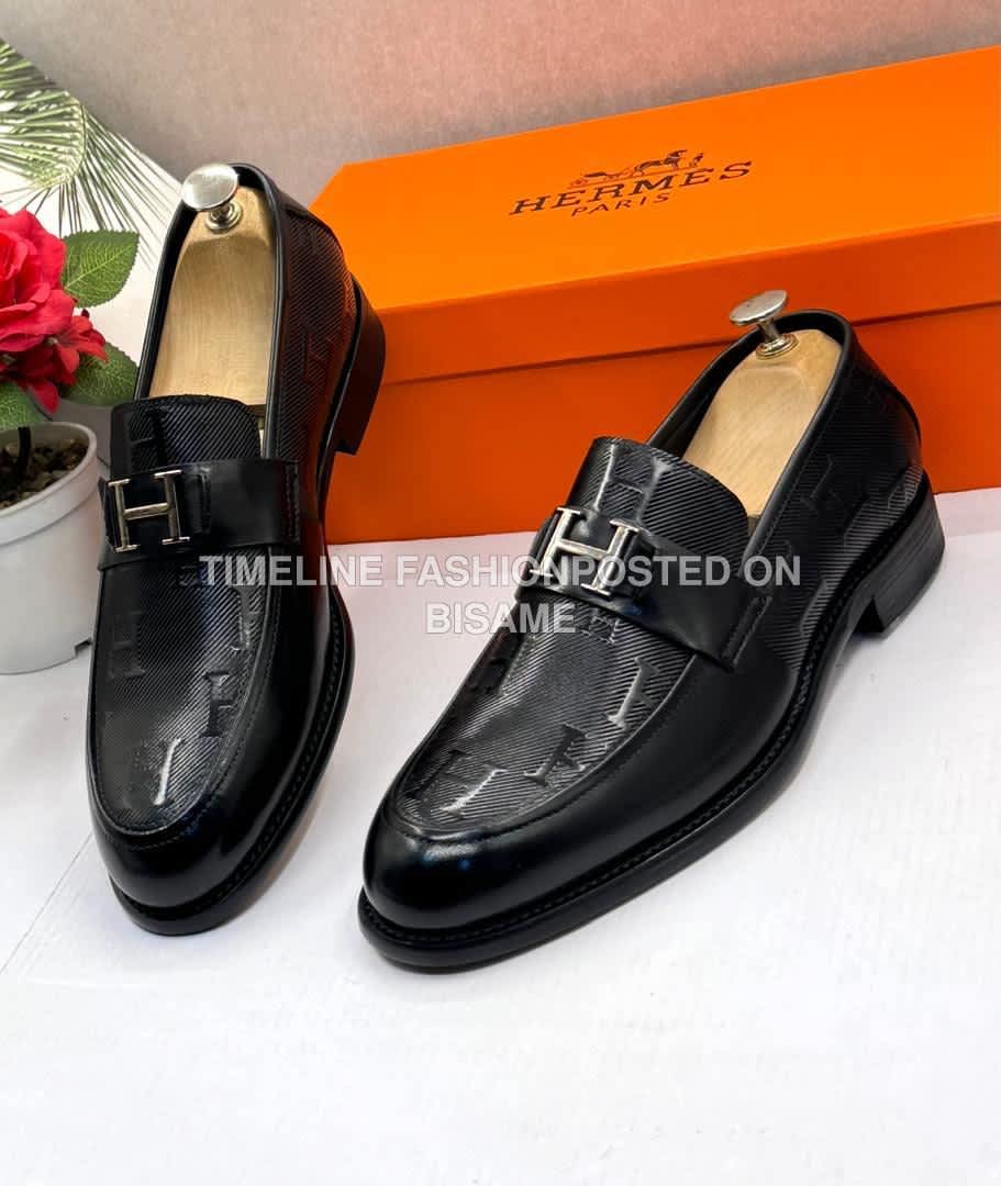 Genuine Leather Hermes Black Leather Men's Easy Wear Shoes