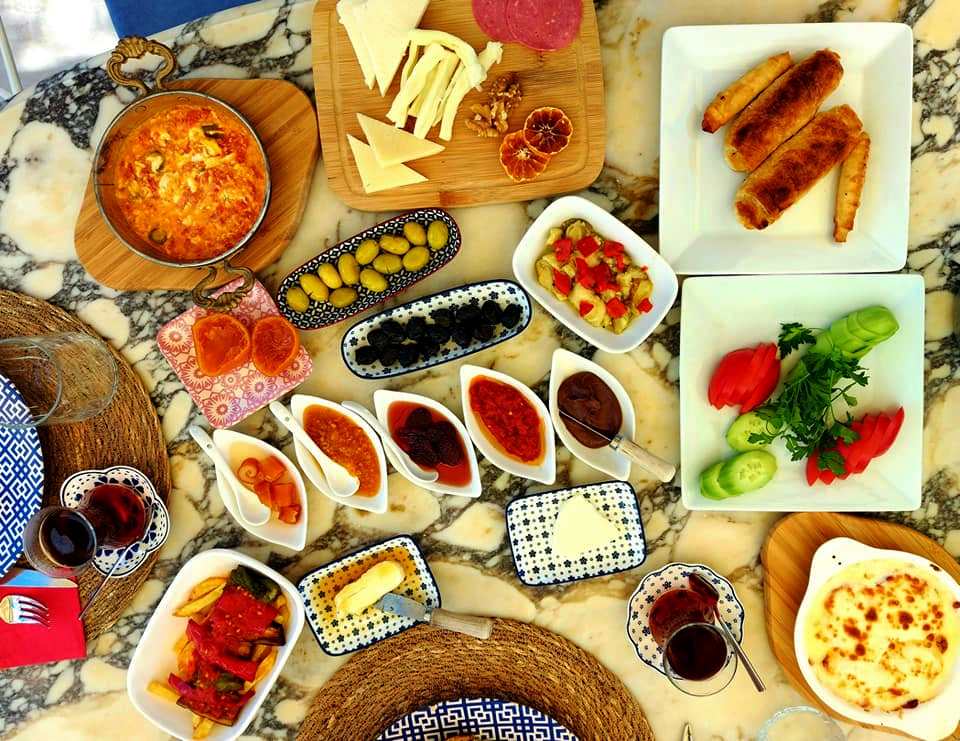 Kahvaltı (Turkish Breakfast Plate with Cheeses, Olives, Egg, Honey and Kaymak)
