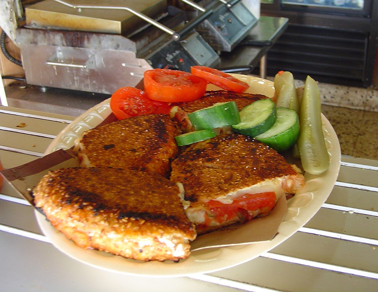 Bagel Toast (Israeli Pressed Sesame Bagel with Cheese and Vegetables)