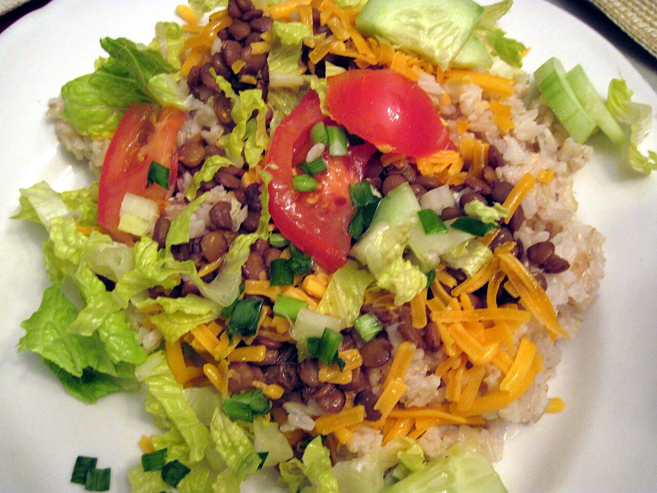 Haystacks (Beans, Rice and Salad Piled on Corn Chips)