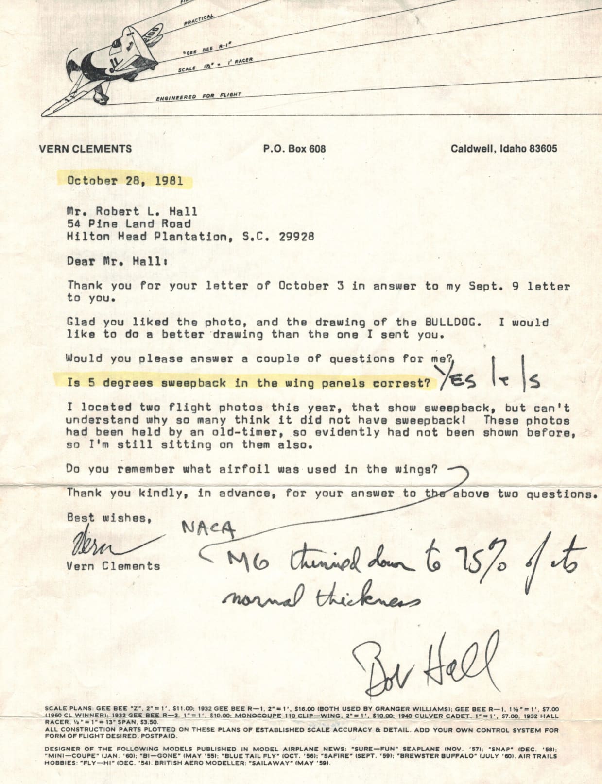 Letter from Vern Clements to Bob Hall, October 28, 1981