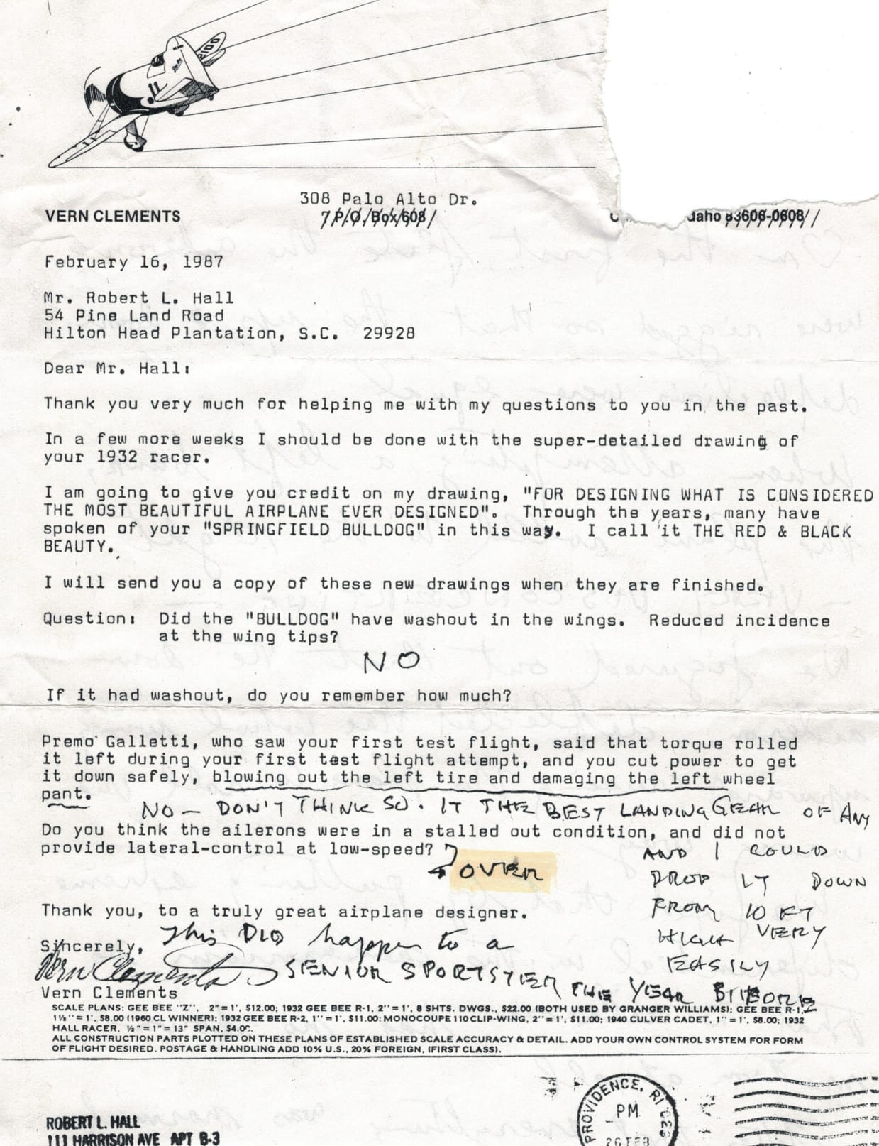 Letter from Vern Clements to Bob Hall, February 16, 1987