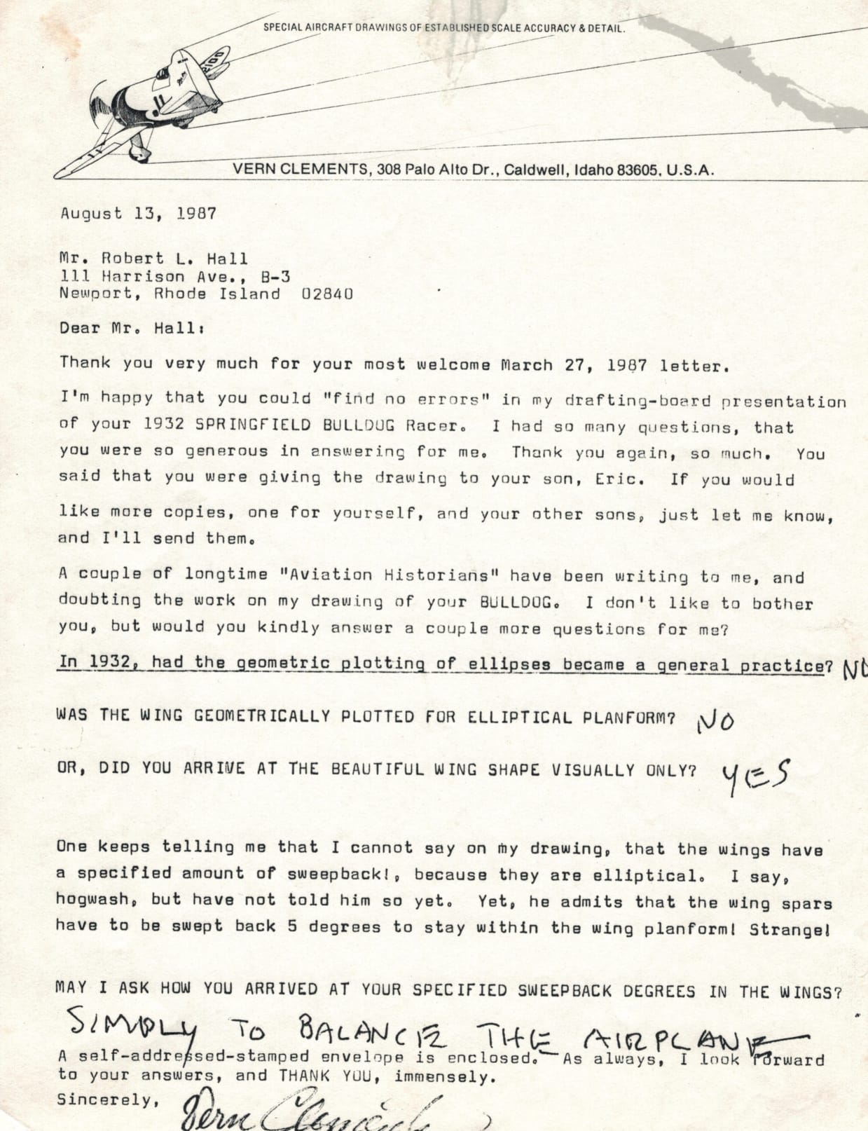 Letter from Vern Clements to Bob Hall, August 13, 1987