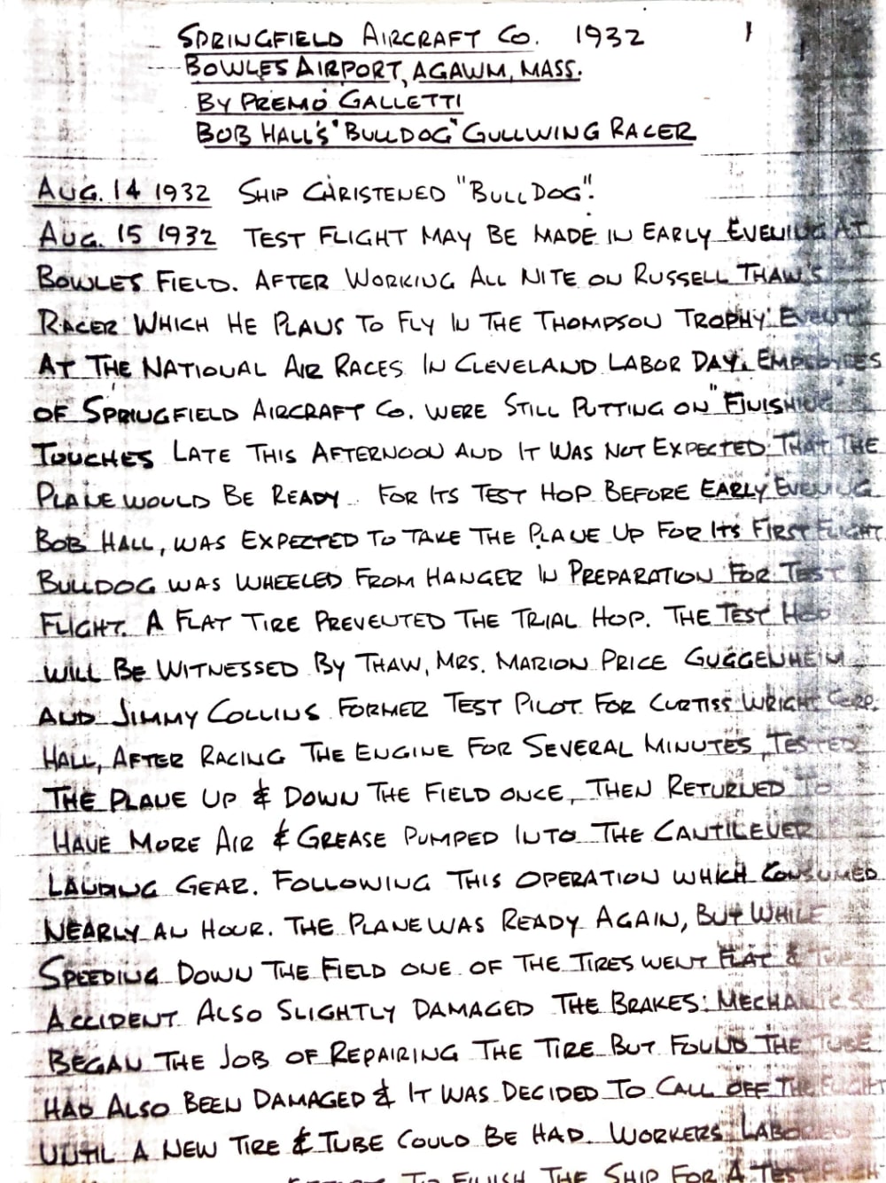 Premo Galletti notes page 1 - August 14-15, 1932