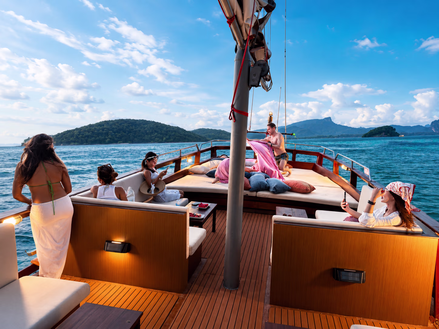 Bamboo’s actual wooden deck with cushioned lounge seating and views of Krabi’s islands
