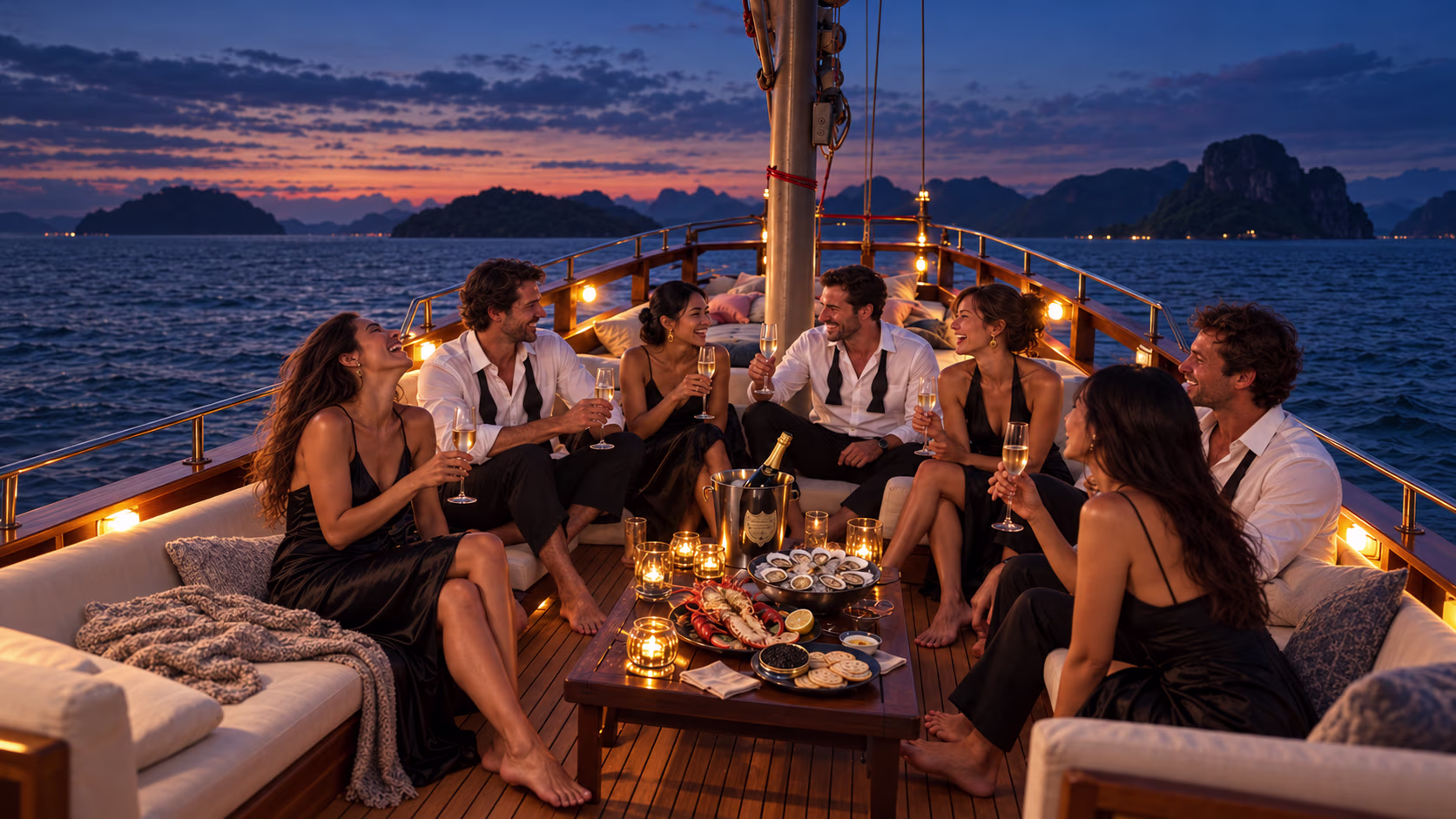 Event concept: barefoot friends in black tie sharing Champagne and seafood on Bamboo’s deck