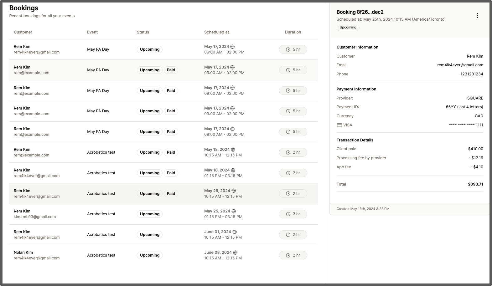 Booking dashboard improvements