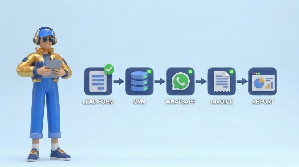 Automation flow from lead form to CRM, WhatsApp follow-up, invoice and reporting dashboard