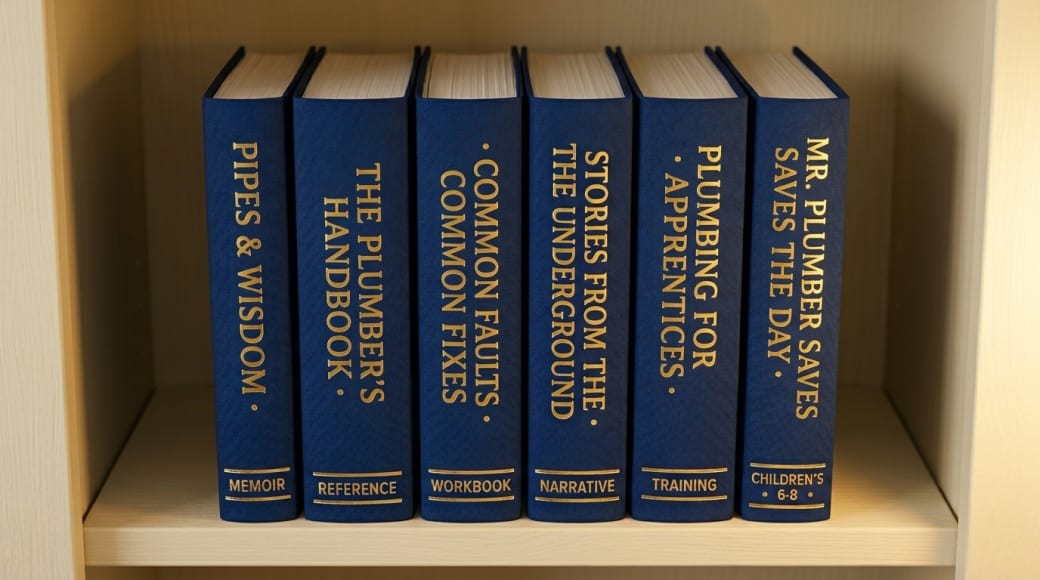 Six finished hardcover plumbing knowledge books on a shelf