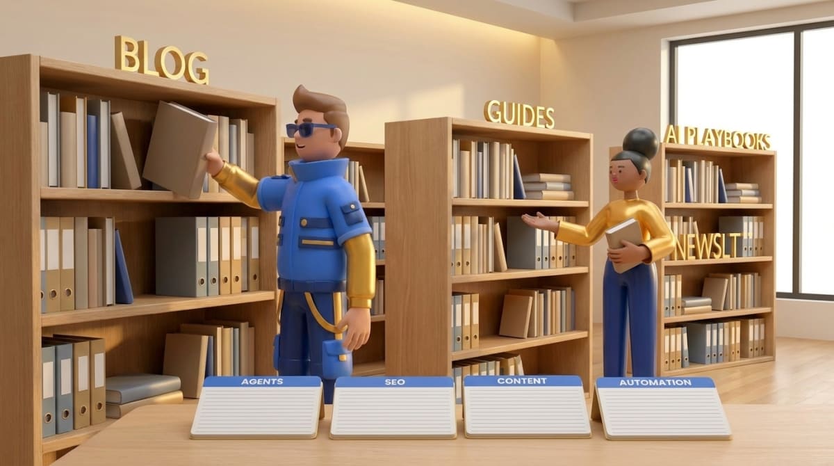 Coz and Sage organizing the Cospronos resource library of blogs, guides, templates and AI playbooks