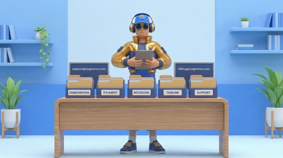 Pro at a support desk with onboarding, payment, revision, timeline and support cards