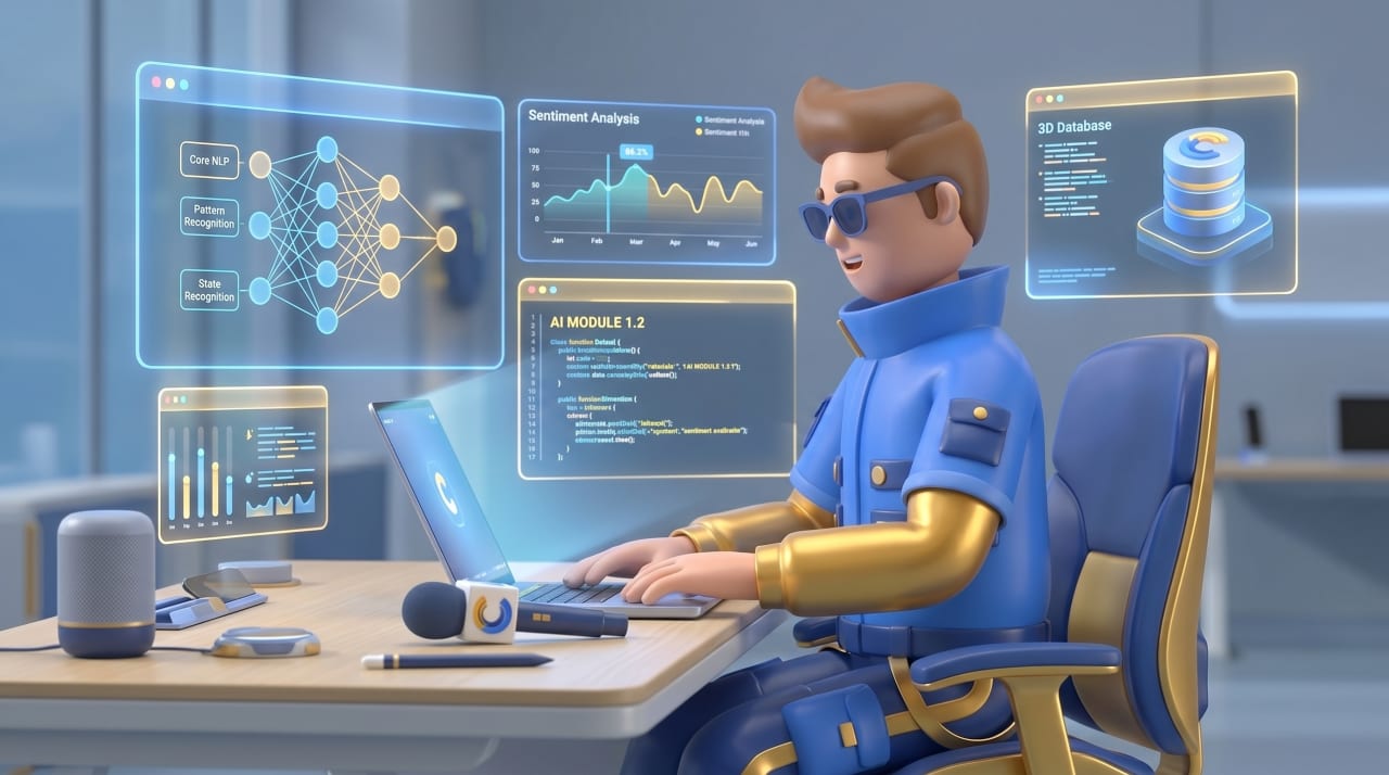 Cospronos team member at an AI workstation with multiple holographic dashboards